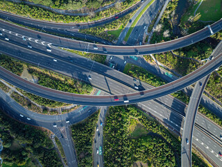 Aerial: Top down view of Waterview highway interchange, Auckland, New Zealan