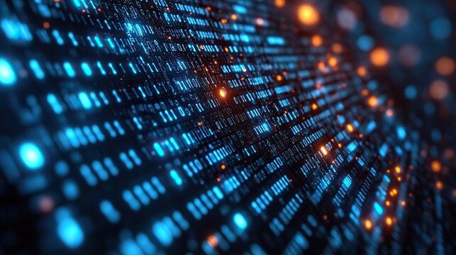 A background featuring binary data code represents the process of computing and internet data transmission in a digital technology context.
