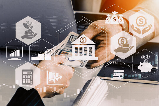 Finance and Money Transaction Technology Concept. Icon Graphic interface showing fintech trade exchange, profit statistics analysis and market analyst service in modern computer application. uds