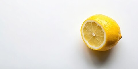 A single, halved lemon, its bright yellow flesh revealing the juicy segments, lies on a crisp white backdrop, a minimalist visual representation of freshness and zest.