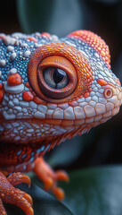 Obraz premium A vibrant close-up of a beautifully detailed reptile showcasing intricate textures and colors in a lush setting during golden hour