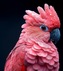 Obraz premium A vibrant close-up of a pink bird galah showcasing intricate feather details with water droplets against a dark background