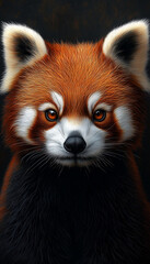 Obraz premium Intricate close-up of a red panda’s face showcasing its vibrant fur and captivating eyes against a dark backdrop