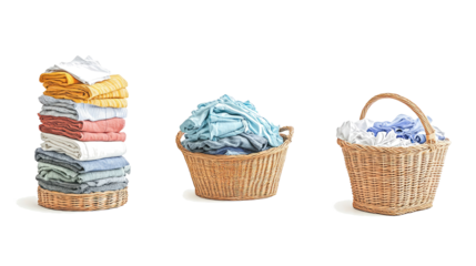 Stacks of Clean Laundry and Wicker Baskets in a Bright Laundry Room Generative AI