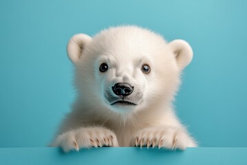 Close-Up Portrait of a Polar Bear Cub Peeking Over a Light Blue Background, Holding a White Banner with Space for Text  
