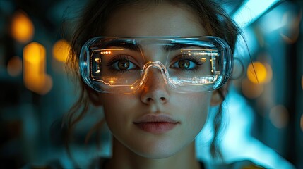 A businesswoman observing through futuristic glasses in a brightly illuminated workshop.