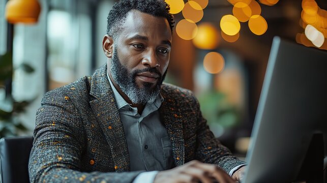 A casual African American businessman in a wheelchair using a computer in a modern office environment.