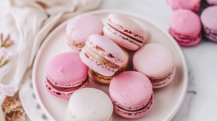 Obraz premium Close-up of Pink and White Macarons on a White Plate