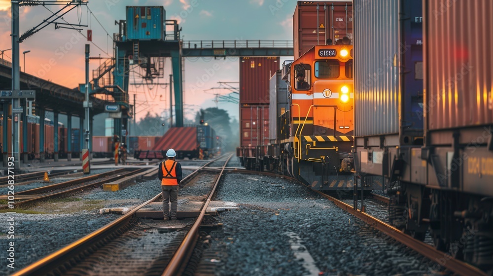 Poster a freight train is being loaded with shipping containers at a busy railway station during sunset, sh