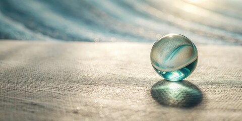 A single blue glass marble sits on a white surface, its reflection casting a soft shadow beneath, a delicate swirl of light dancing within its depths