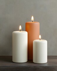 Elegant trio of lit candles on a wooden surface
