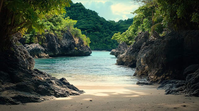 secluded tropical beach cove surrounded by lush green foliage and rugged rocks
