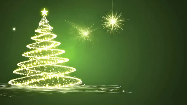 Abstract Christmas tree with a star on top and glowing lights, isolated on a green background.