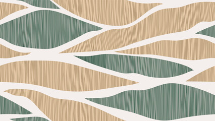 Abstract seamless pattern featuring organic shape filled with vertical lines of soft neutral green and beige on a grey background