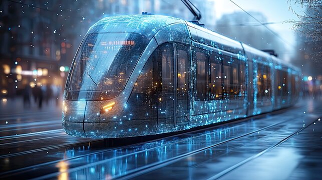 A concept of modern city trams integrated with intelligent transport systems and mobility services, represented through digital graphics and icons.