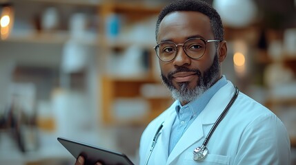 A confident doctor holds a digital tablet in a clinic, emphasizing the integration of technology in modern medical practices.