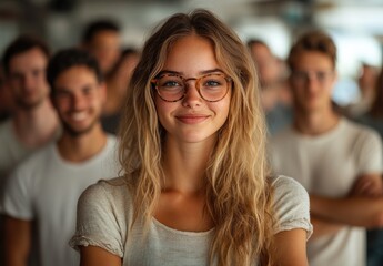 Obraz premium Portrait of a Young Woman with Glasses in a Crowd