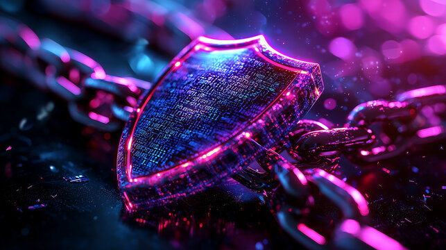 Glowing digital shield and chain concept representing cybersecurity and ransomware protection
