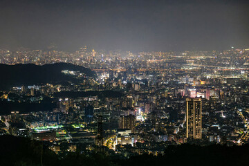 Night View of a Vibrant Cityscape. A breathtaking panoramic night view of a sprawling city illuminated by countless lights. The skyline stretches far into the distance, showcasing tall skyscrapers. 