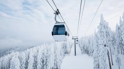 Fototapeta premium A gondola lifts above a snowy landscape, surrounded by frosted trees under a cloudy sky, highlighting a serene winter atmosphere.