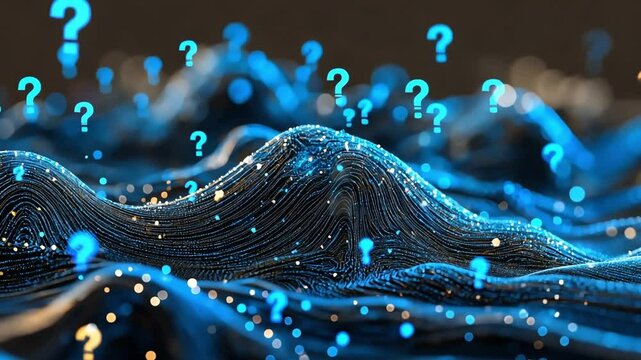 A futuristic abstract background with question marks floating over a textured, blue, and black surface.