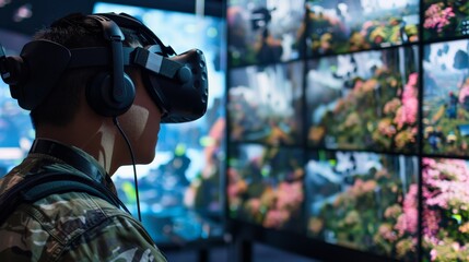 A virtual reality user immersed in a fully interactive digital environment, wearing advanced VR gear