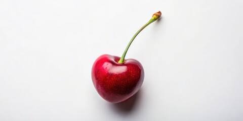 A single ripe red cherry isolated against a clean white background, showcasing its vibrant color and glossy texture.