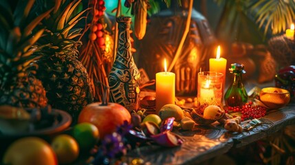 Naklejka premium A voodoo altar with offerings of fruits, rum, and candles placed before it