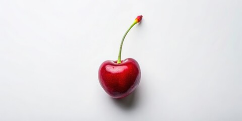 A single, ripe red cherry with a green stem against a white background.  The cherry is glistening with a dewy finish, showcasing its juicy and vibrant nature.