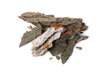 Heap of tree bark pieces isolated on white, top view