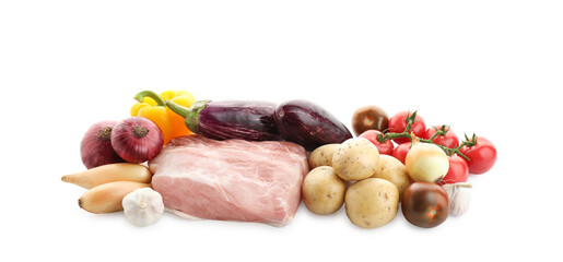 Different ingredients for stew isolated on white