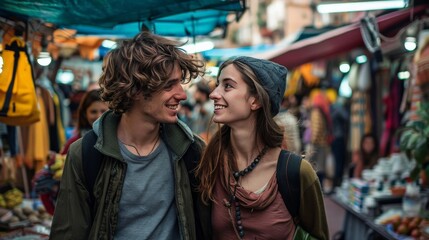 Obraz premium A young couple exploring a vibrant, bustling marketplace in a foreign city, capturing the essence of wanderlust