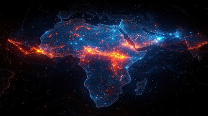 A digital map of Africa and Asia, showcasing global network connectivity and data transfer technologies.