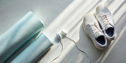 A Minimalist Still Life Featuring Rolled Yoga Mats, White Sneakers, and White Earbuds on a White Surface