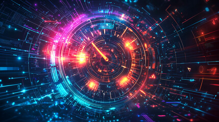 Obraz premium Futuristic glowing digital time machine concept with neon interface in high tech cyber design