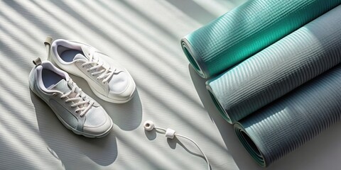 A pair of white sneakers, two rolled-up exercise mats, and a white cord lie flat on a white surface illuminated by a beam of sunlight.