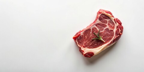A single raw beef steak with rosemary garnish on a white background