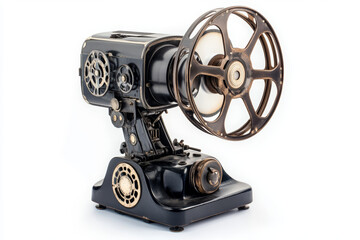 Obraz premium Vintage projector with film reel, side view on a white background. Vintage movie projectors for home cinema and exhibition use.