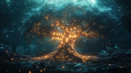 Obraz premium A digital tree concept, illustrating information flow in AI networks or green energy solutions.