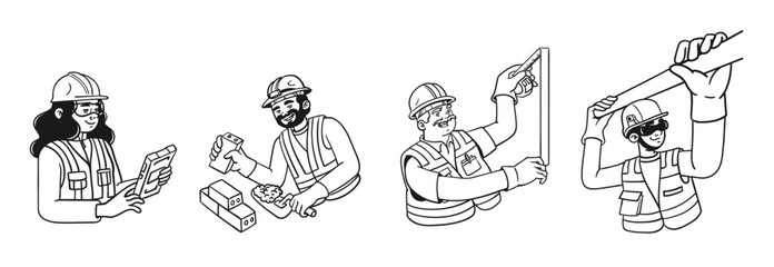 Construction workers character illustrations. People working in building industry.