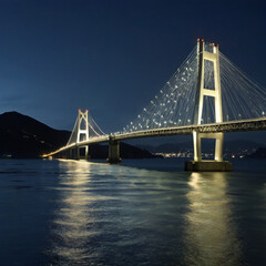 Obraz premium 橋梁、橋、夜景、ライトアップ、海