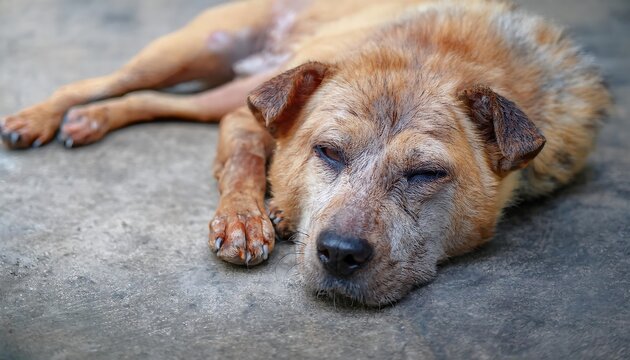Dog with severe skin condition, possibly mange, covered in scabs and hair loss.