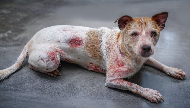 Dog with severe skin condition, possibly mange, covered in scabs and hair loss.