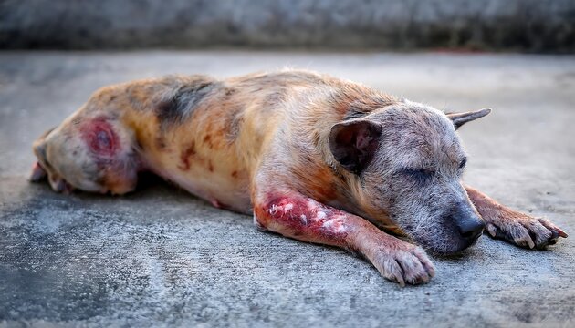 Dog with severe skin condition, possibly mange, covered in scabs and hair loss.