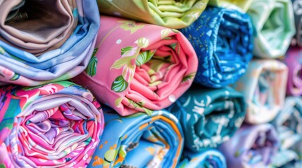 Fototapeta premium A Stack of Colorful Rolled Fabric with Floral Patterns