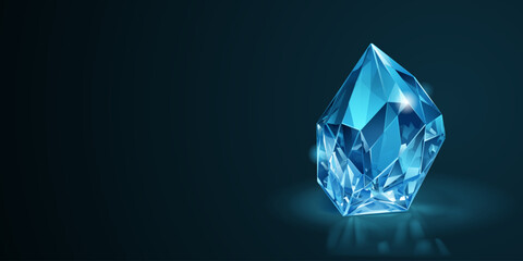 Large, faceted blue gemstone with multiple reflective surfaces, with shadow and reflect, set against a dark background.