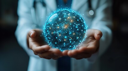 A doctor holds a virtual globe representing healthcare networks, illustrating advancements in global medical technology and smart solutions.