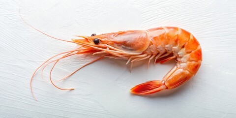 A single, cooked shrimp with a vibrant orange hue, showcasing its delicate texture and intricate details on a white surface.