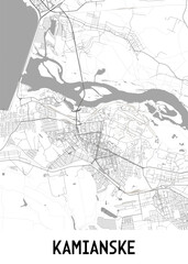 Fototapeta premium A detailed black and white map of Kamiankse, a city in Ukraine. The map showcases the city's street network, major roads, and surrounding bodies of water.