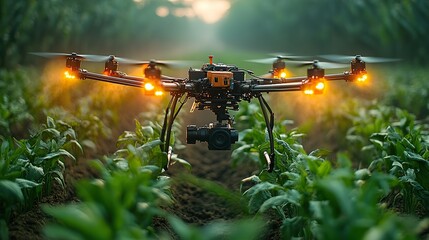 A drone sprayer operates over agricultural fields, demonstrating smart farming and precision agriculture techniques.